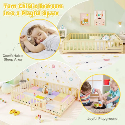 Montessori Bed Frame with Full-length Guardrails Safety Door and Latch-Natural - Natural - Toddler Beds