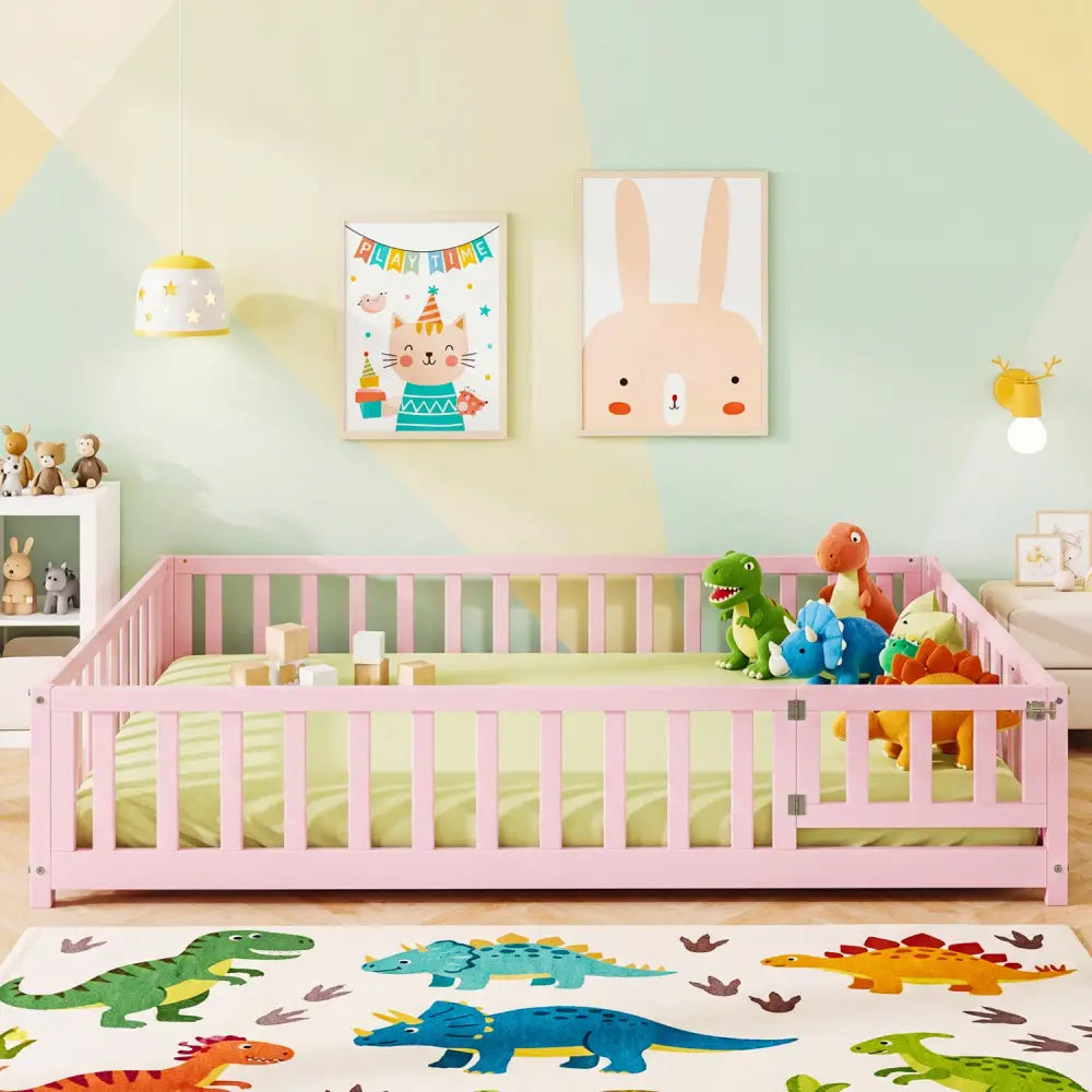 Montessori Bed Frame with Full-length Guardrails Safety Door and Latch-Pink - Pink - Toddler Beds