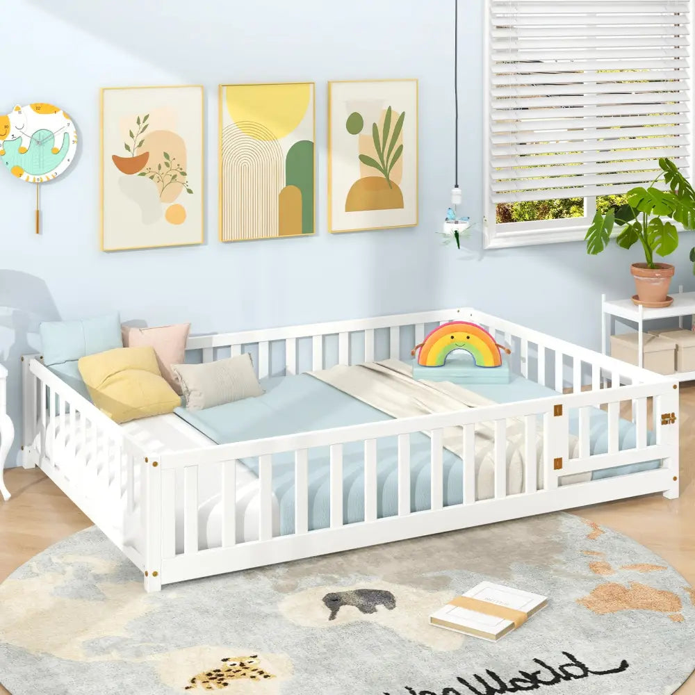 Montessori Bed Frame with Full-length Guardrails Safety Door and Latch-White - White - Toddler Beds