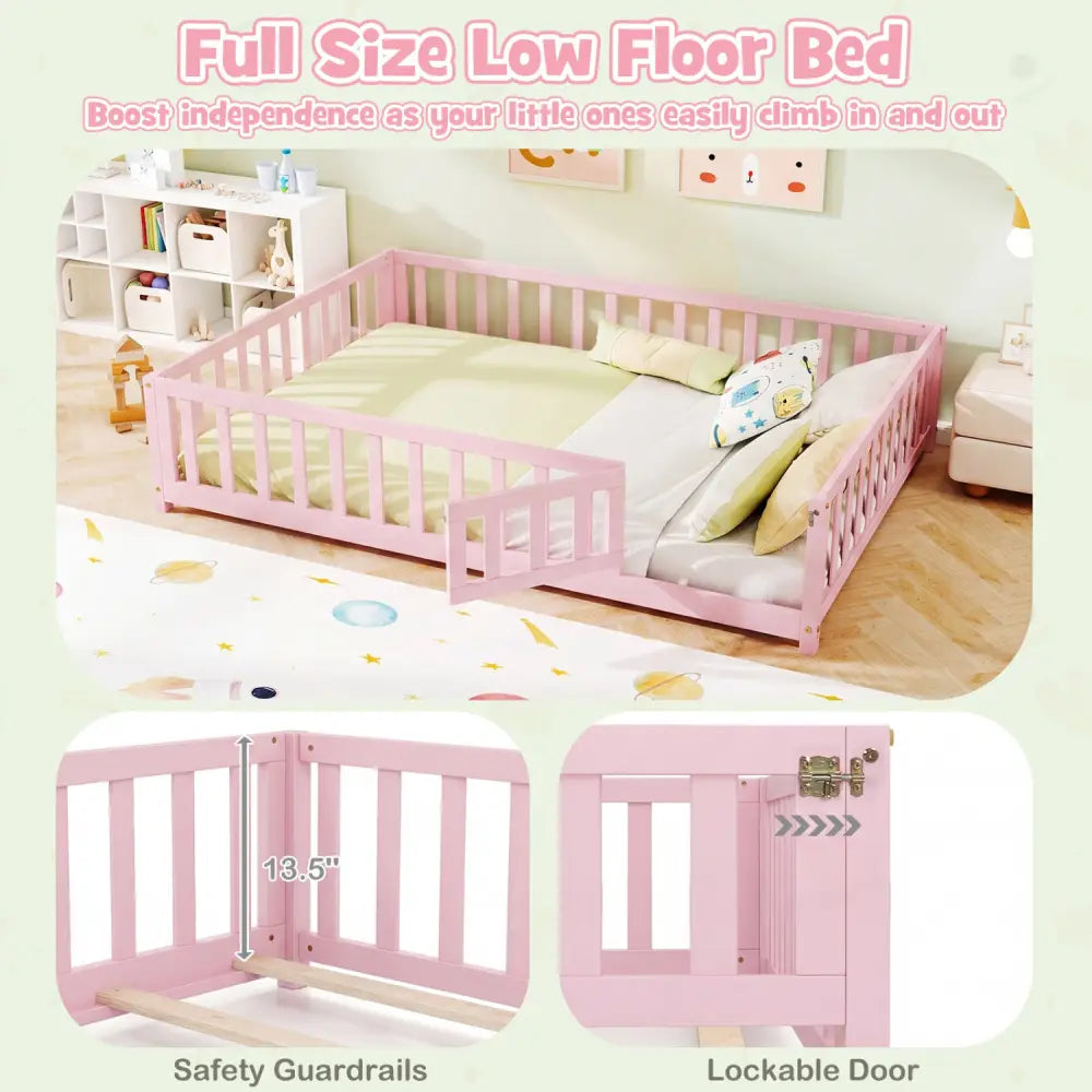 Montessori Bed Frame with Full-length Guardrails Safety Door and Latch-Pink - Pink - Toddler Beds
