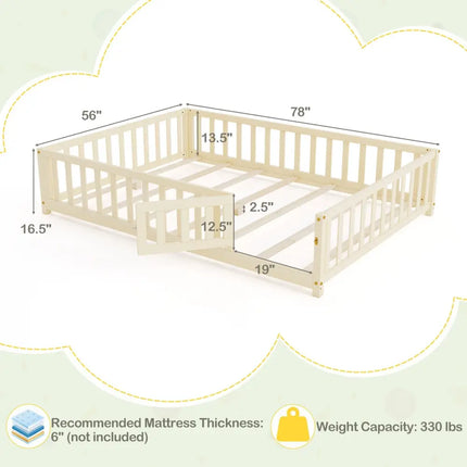 Montessori Bed Frame with Full-length Guardrails Safety Door and Latch-Natural - Natural - Toddler Beds