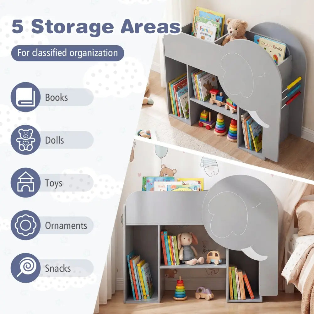 Montessori Bookshelf with Elephant Shape 3-Tier Toddler Toy Storage Organizer-Grey - Gray - Kids Storage