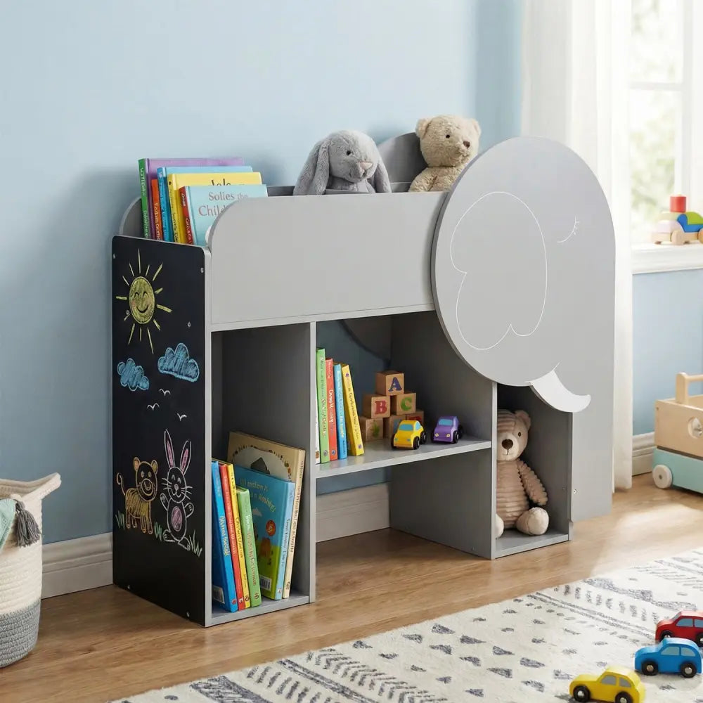 Montessori Bookshelf with Elephant Shape 3-Tier Toddler Toy Storage Organizer-Grey - Gray - Kids Storage
