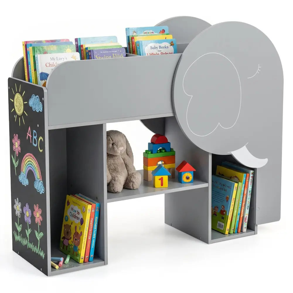 Montessori Bookshelf with Elephant Shape 3-Tier Toddler Toy Storage Organizer-Grey - Gray - Kids Storage