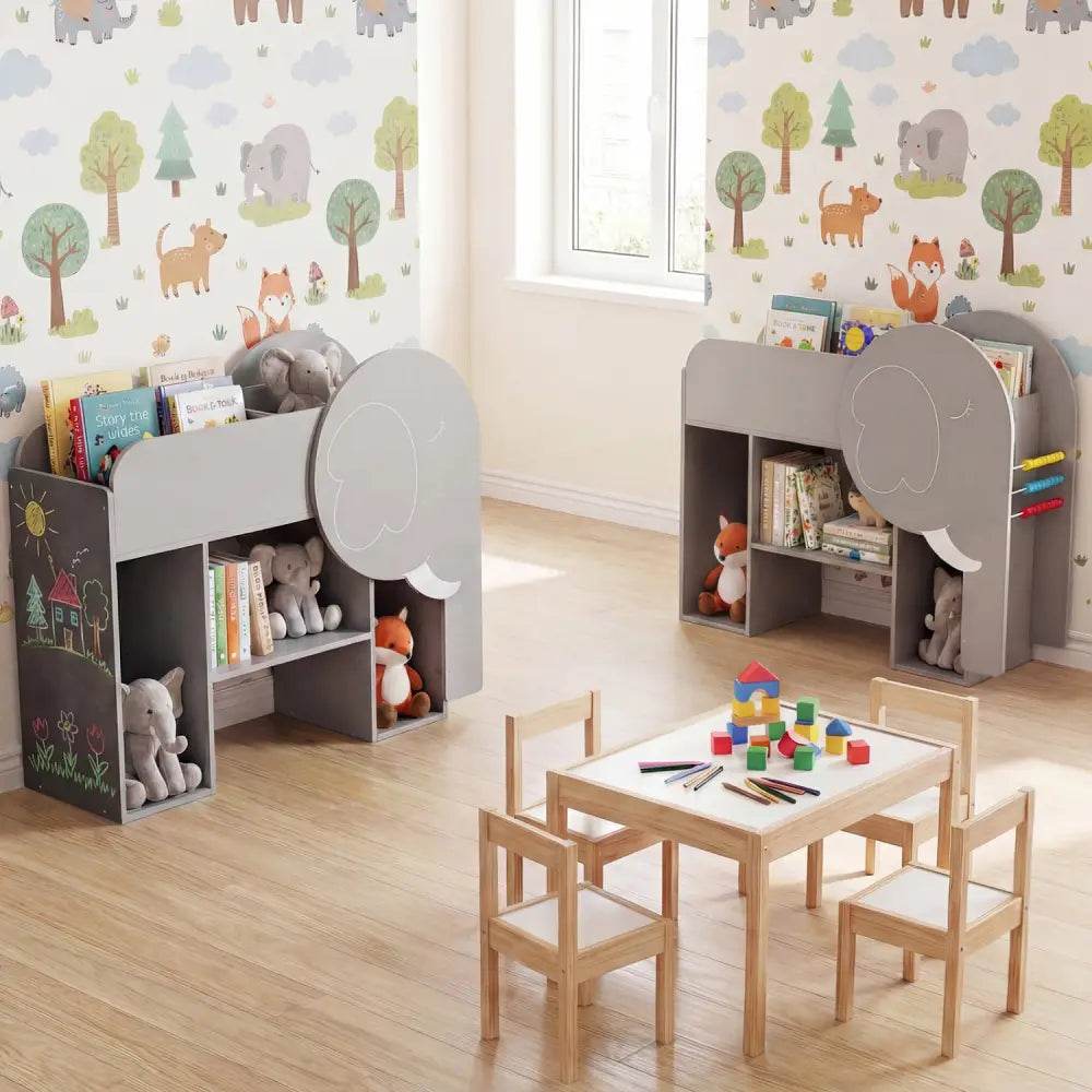 Montessori Bookshelf with Elephant Shape 3-Tier Toddler Toy Storage Organizer-Grey - Gray - Kids Storage