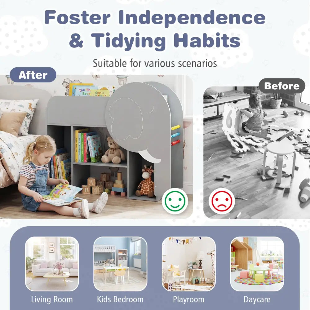 Montessori Bookshelf with Elephant Shape 3-Tier Toddler Toy Storage Organizer-Grey - Gray - Kids Storage