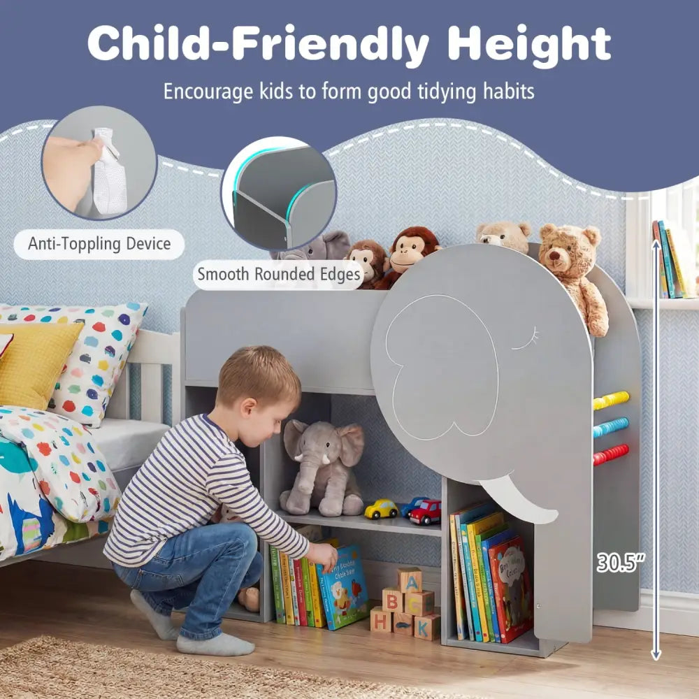 Montessori Bookshelf with Elephant Shape 3-Tier Toddler Toy Storage Organizer-Grey - Gray - Kids Storage