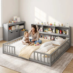 Montessori Twin Floor Bed and Kids Toy Storage Cabinet Bundle - Gray - Toddler Beds
