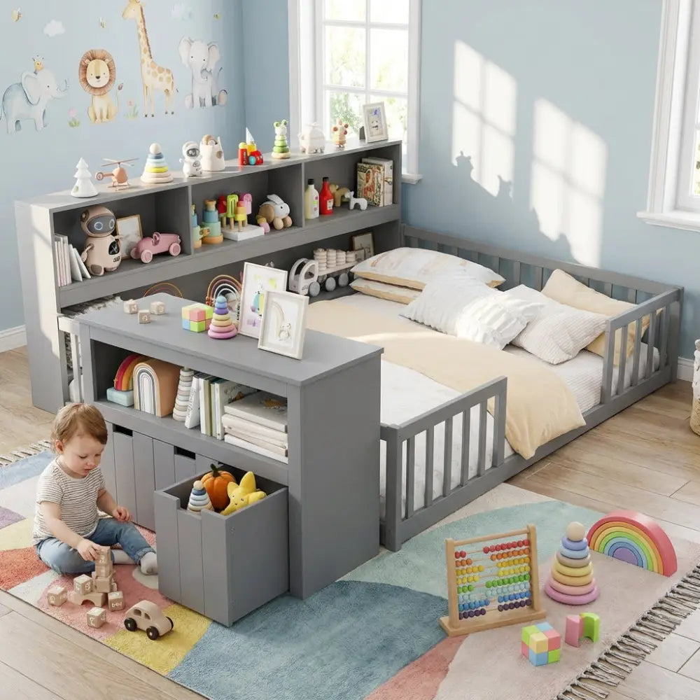 Montessori Twin Floor Bed and Kids Toy Storage Cabinet Bundle - Gray - Toddler Beds