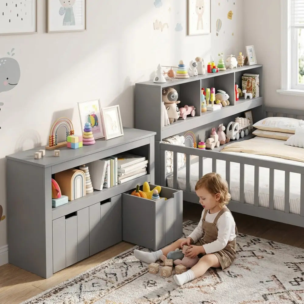 Montessori Twin Floor Bed and Kids Toy Storage Cabinet Bundle - Gray - Toddler Beds