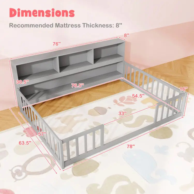 Montessori Twin Floor Bed and Kids Toy Storage Cabinet Bundle - Gray - Toddler Beds