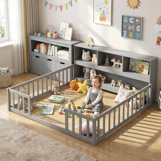 Montessori Twin Floor Bed and Kids Toy Storage Cabinet Bundle - Gray - Toddler Beds