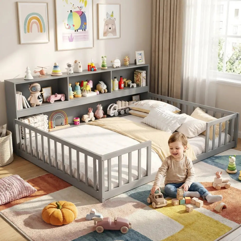 Montessori Twin Floor Bed and Kids Toy Storage Cabinet Bundle - Gray - Toddler Beds
