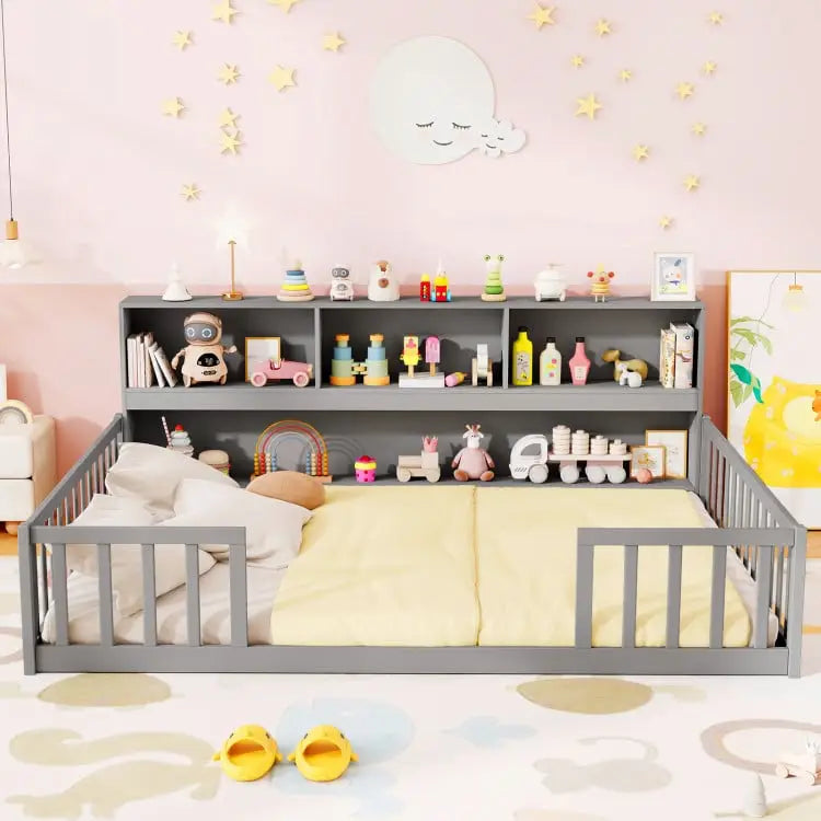 Montessori Twin Floor Bed and Kids Toy Storage Cabinet Bundle - Gray - Toddler Beds