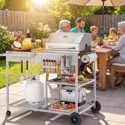Movable Grill Table with 2 Spice Containers and Station for Backyard and BBQ-Black - Black - Outdoor Grills