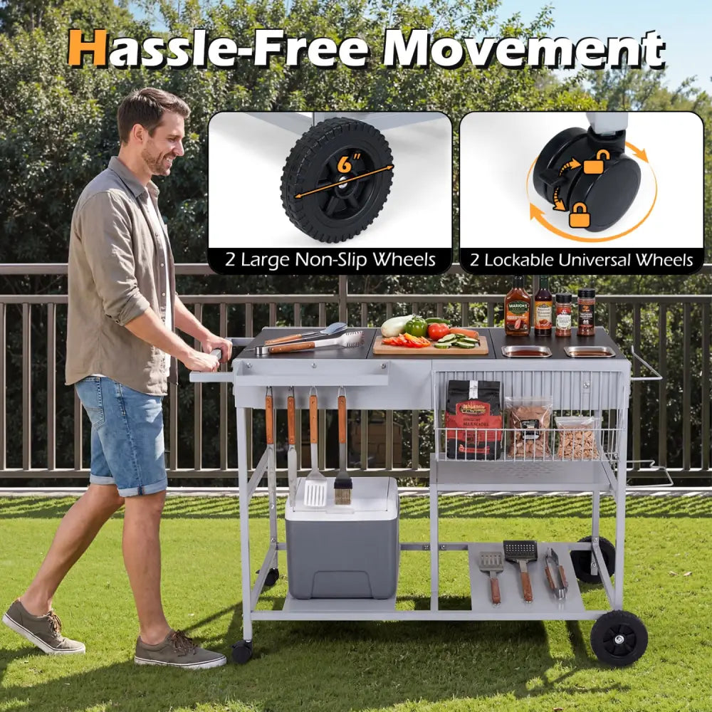 Movable Grill Table with 2 Spice Containers and Station for Backyard and BBQ-Black - Black - Outdoor Grills