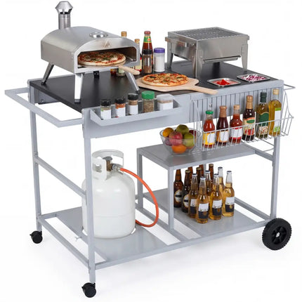 Movable Grill Table with 2 Spice Containers and Station for Backyard and BBQ-Black - Black - Outdoor Grills