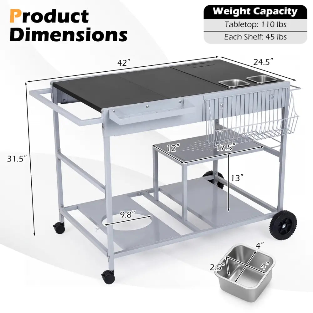 Movable Grill Table with 2 Spice Containers and Station for Backyard and BBQ-Black - Black - Outdoor Grills