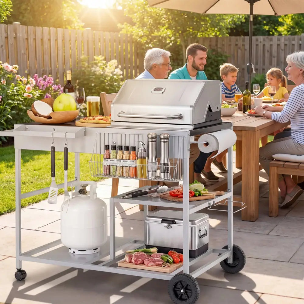 Movable Grill Table with 2 Spice Containers and Station for Backyard and BBQ-Black - Black - Outdoor Grills