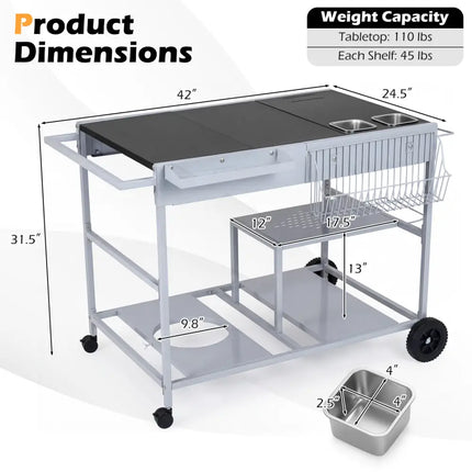 Movable Grill Table with 2 Spice Containers and Station for Backyard and BBQ-Black - Black - Outdoor Grills