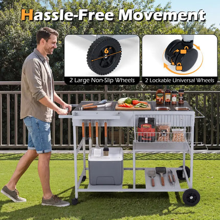 Movable Grill Table with 2 Spice Containers and Station for Backyard and BBQ-Black - Black - Outdoor Grills