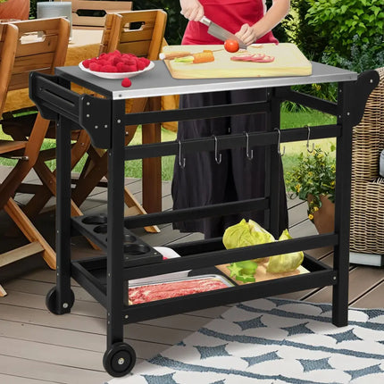 Movable Outdoor Dining Cart Table HDPE Pizza Oven Stand Table with Stainless Steel Tabletop-Black - Black - Outdoor
