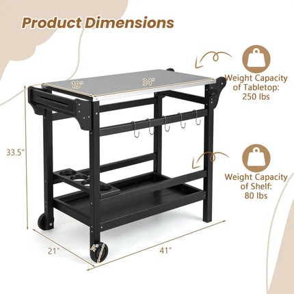 Movable Outdoor Dining Cart Table HDPE Pizza Oven Stand Table with Stainless Steel Tabletop-Black - Black - Outdoor