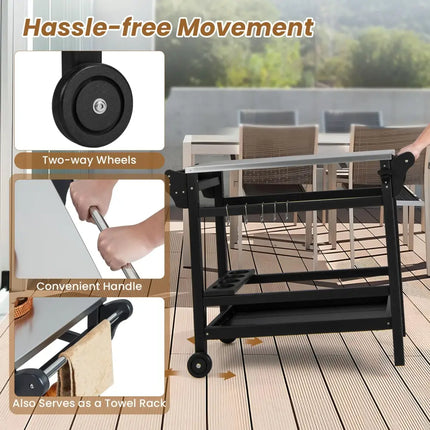 Movable Outdoor Dining Cart Table HDPE Pizza Oven Stand Table with Stainless Steel Tabletop-Black - Black - Outdoor