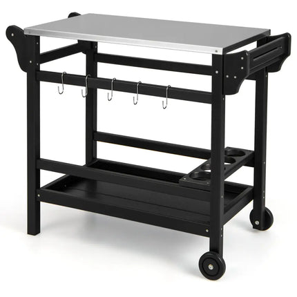 Movable Outdoor Dining Cart Table HDPE Pizza Oven Stand Table with Stainless Steel Tabletop-Black - Black - Outdoor