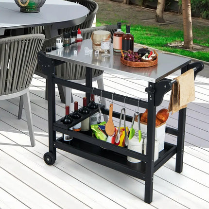Movable Outdoor Dining Cart Table HDPE Pizza Oven Stand Table with Stainless Steel Tabletop-Black - Black - Outdoor