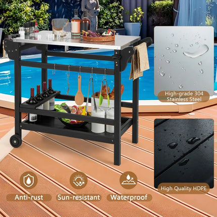 Movable Outdoor Dining Cart Table HDPE Pizza Oven Stand Table with Stainless Steel Tabletop-Black - Black - Outdoor
