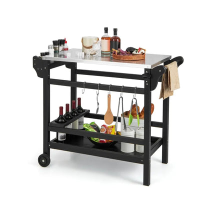 Movable Outdoor Dining Cart Table HDPE Pizza Oven Stand Table with Stainless Steel Tabletop-Black - Black - Outdoor