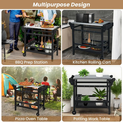Movable Outdoor Dining Cart Table HDPE Pizza Oven Stand Table with Stainless Steel Tabletop-Black - Black - Outdoor