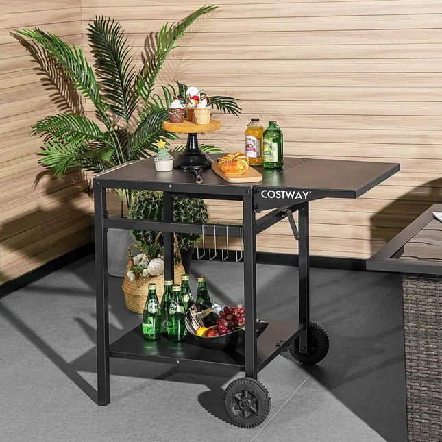 Movable Outdoor Grill Cart with Folding Tabletop and Hooks-Black - Black - Outdoor Grills
