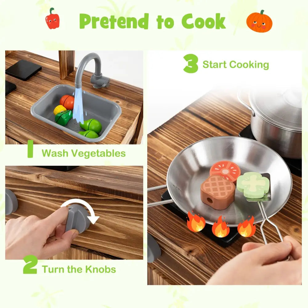 Mud Kitchen Fir Wood Play Kitchen with 4 Panting Pots Faucet Removable Sink-Natural - Natural - Play Kitchen Sets