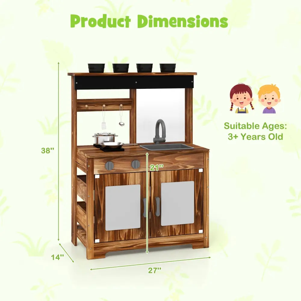 Mud Kitchen Fir Wood Play Kitchen with 4 Panting Pots Faucet Removable Sink-Natural - Natural - Play Kitchen Sets