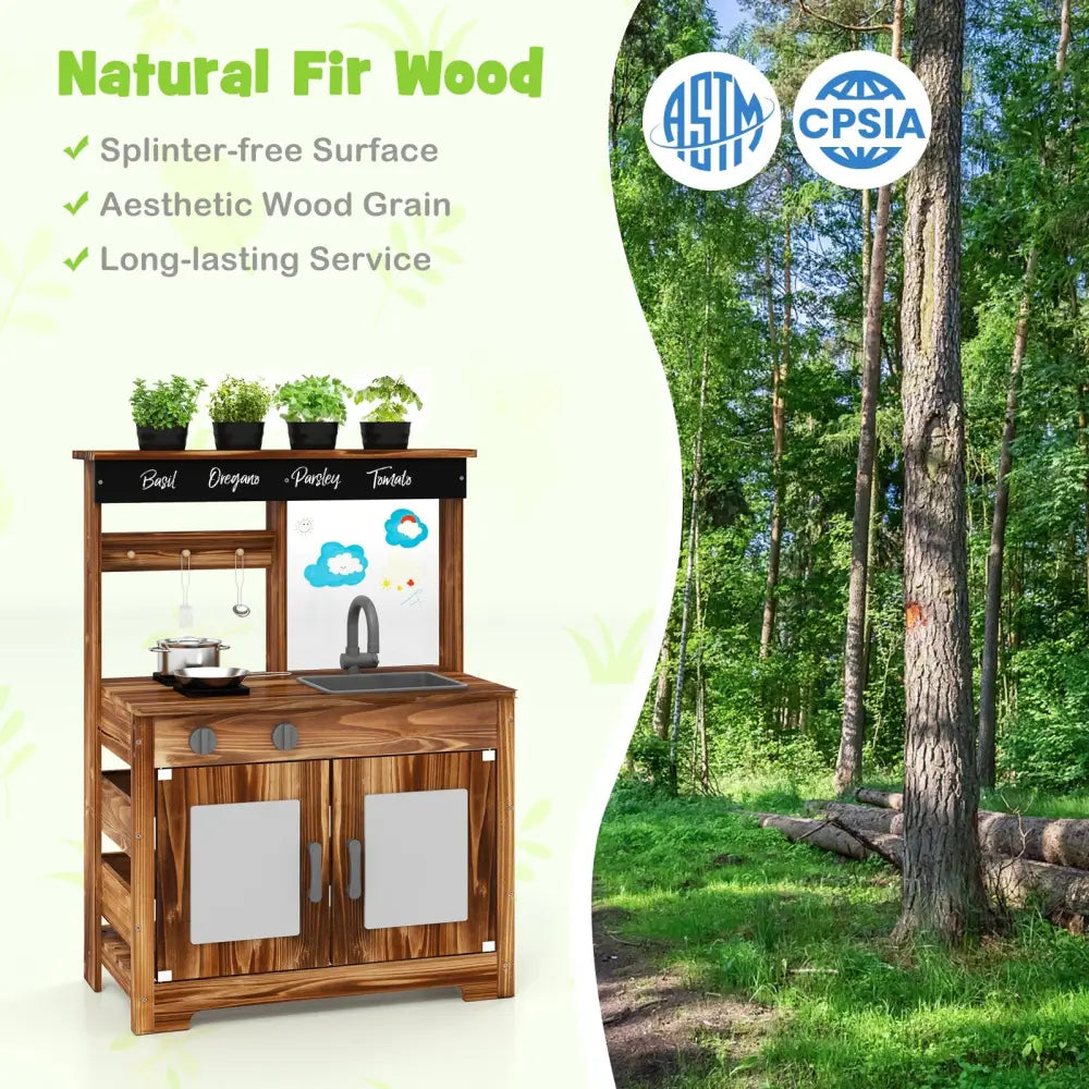 Mud Kitchen Fir Wood Play Kitchen with 4 Panting Pots Faucet Removable Sink-Natural - Natural - Play Kitchen Sets