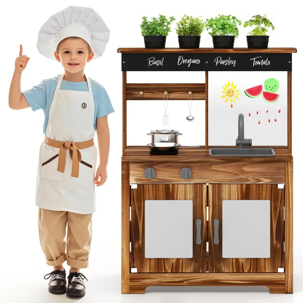 Mud Kitchen Fir Wood Play Kitchen with 4 Panting Pots Faucet Removable Sink-Natural - Natural - Play Kitchen Sets