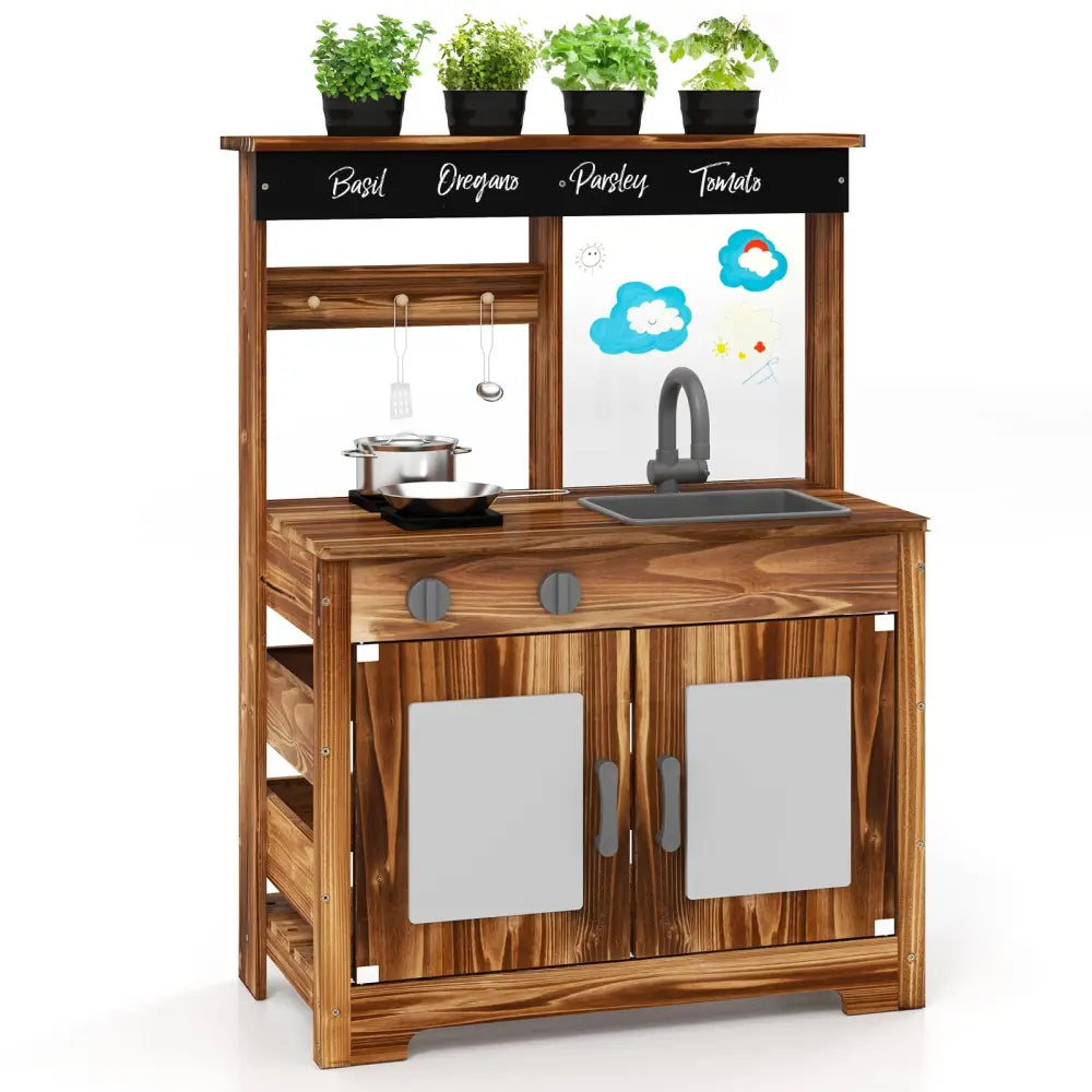 Mud Kitchen Fir Wood Play Kitchen with 4 Panting Pots Faucet Removable Sink-Natural - Natural - Play Kitchen Sets