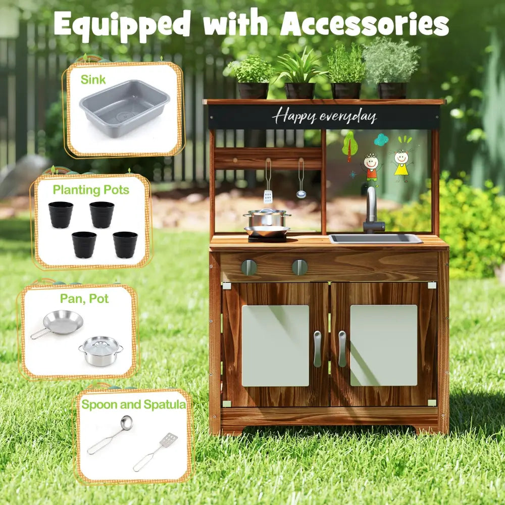 Mud Kitchen Fir Wood Play Kitchen with 4 Panting Pots Faucet Removable Sink-Natural - Natural - Play Kitchen Sets