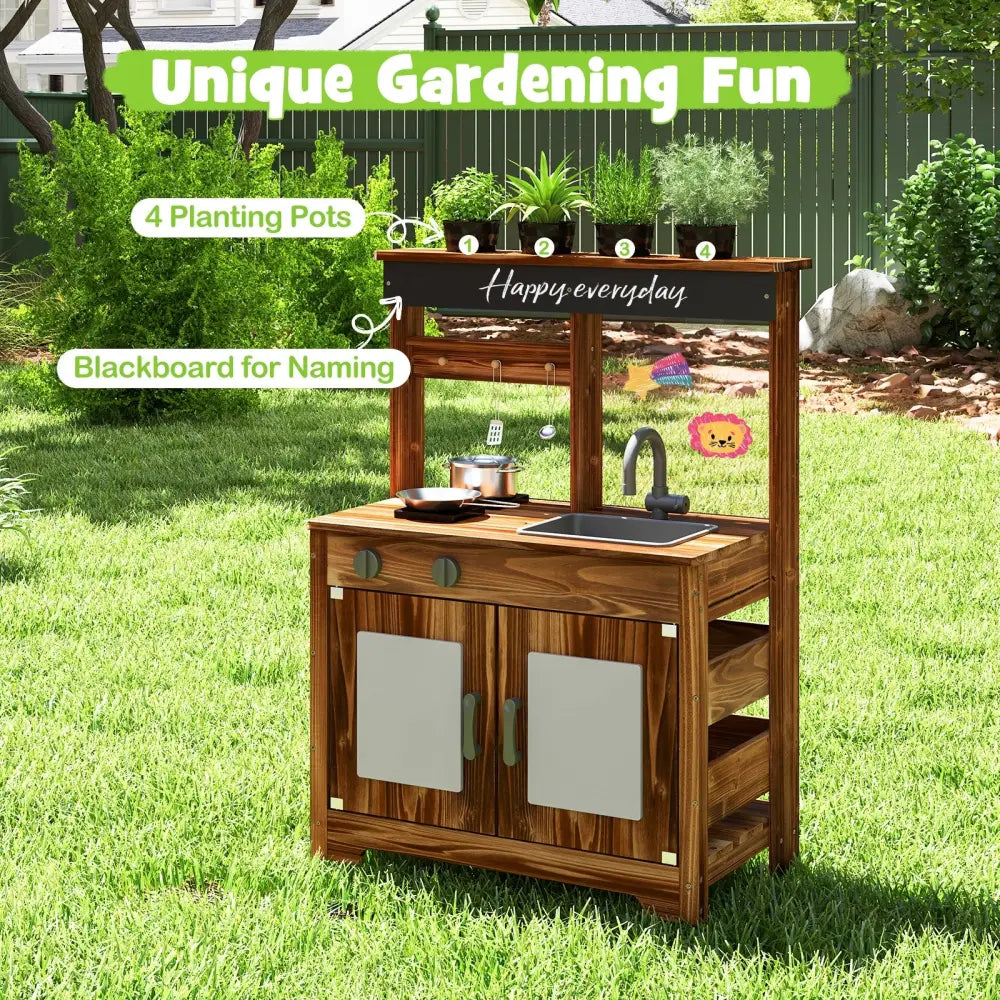 Mud Kitchen Fir Wood Play Kitchen with 4 Panting Pots Faucet Removable Sink-Natural - Natural - Play Kitchen Sets