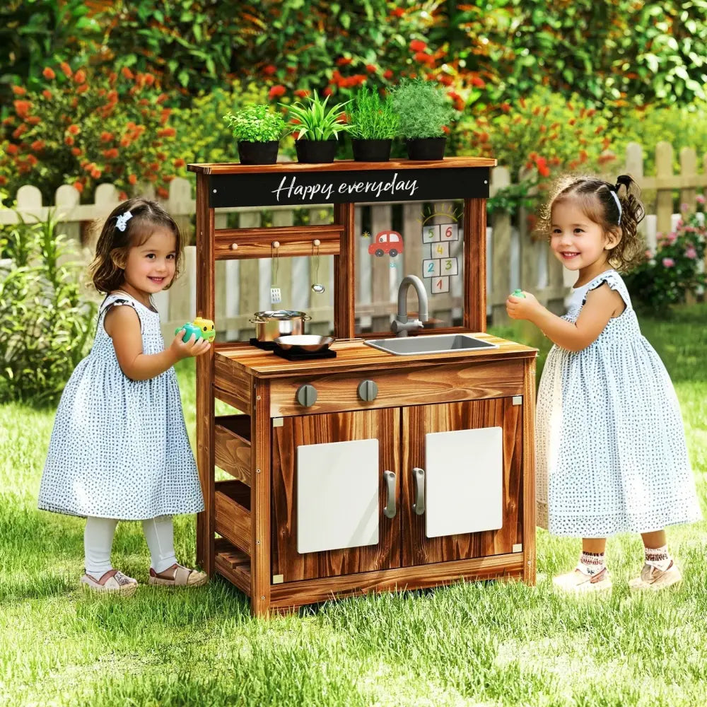 Mud Kitchen Fir Wood Play Kitchen with 4 Panting Pots Faucet Removable Sink-Natural - Natural - Play Kitchen Sets