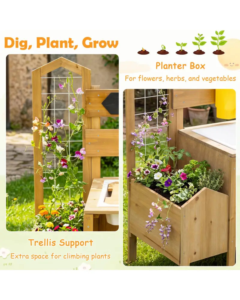 Mud Kitchen for Kids with Detachable Bird Cage and Stoves-Natural - Natural - Play Kitchen Sets