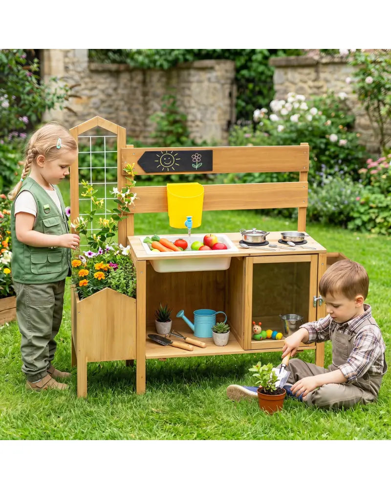 Mud Kitchen for Kids with Detachable Bird Cage and Stoves-Natural - Natural - Play Kitchen Sets