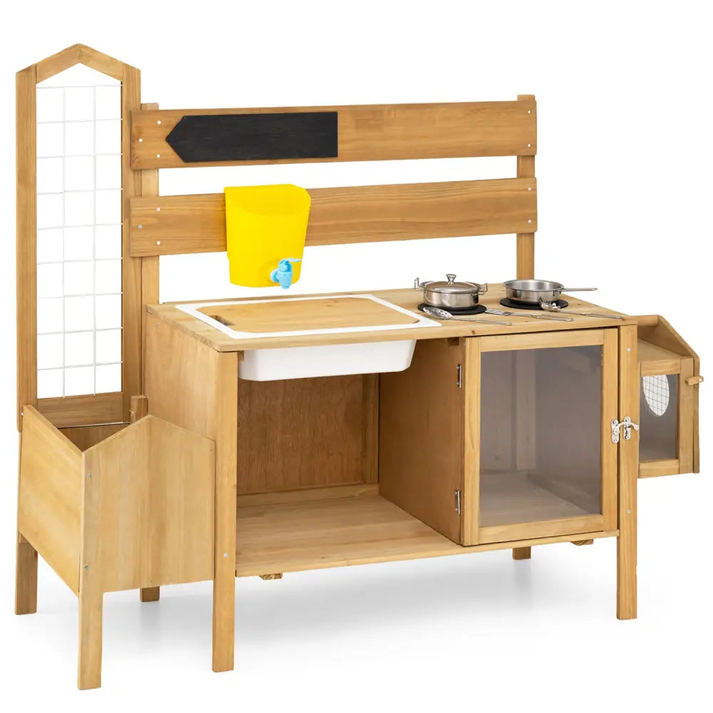 Mud Kitchen for Kids with Detachable Bird Cage and Stoves-Natural - Natural - Play Kitchen Sets