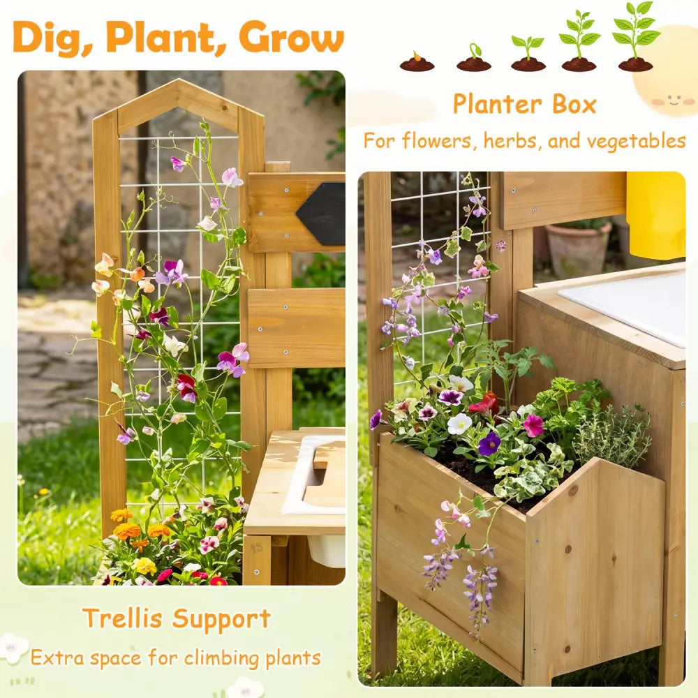 Mud Kitchen for Kids with Detachable Bird Cage and Stoves-Natural - Natural - Play Kitchen Sets