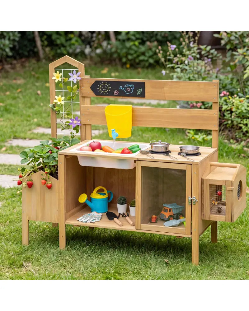 Mud Kitchen for Kids with Detachable Bird Cage and Stoves-Natural - Natural - Play Kitchen Sets