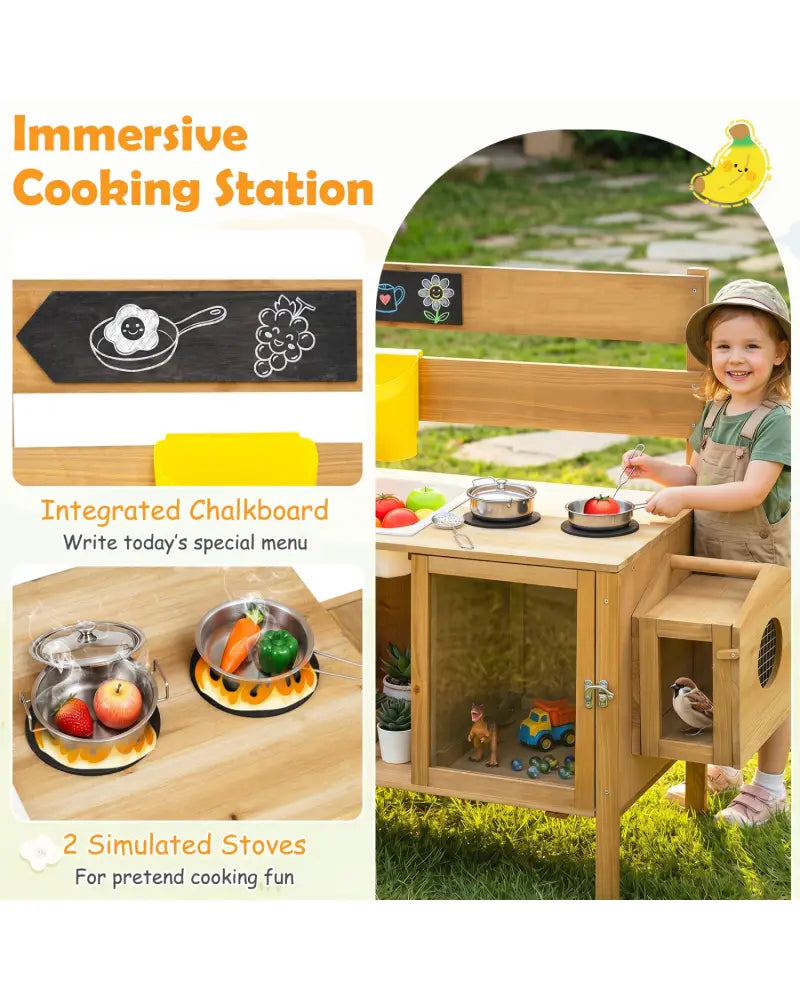 Mud Kitchen for Kids with Detachable Bird Cage and Stoves-Natural - Natural - Play Kitchen Sets