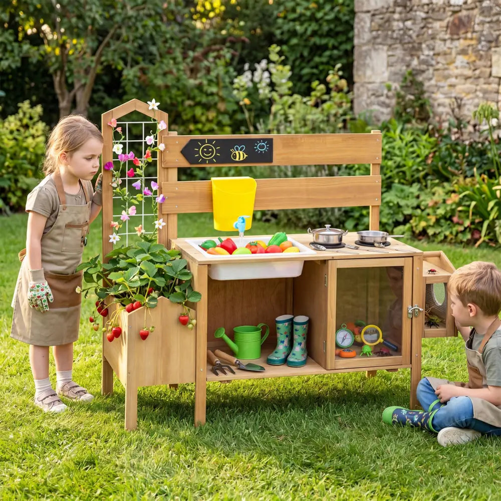 Mud Kitchen for Kids with Detachable Bird Cage and Stoves-Natural - Natural - Play Kitchen Sets
