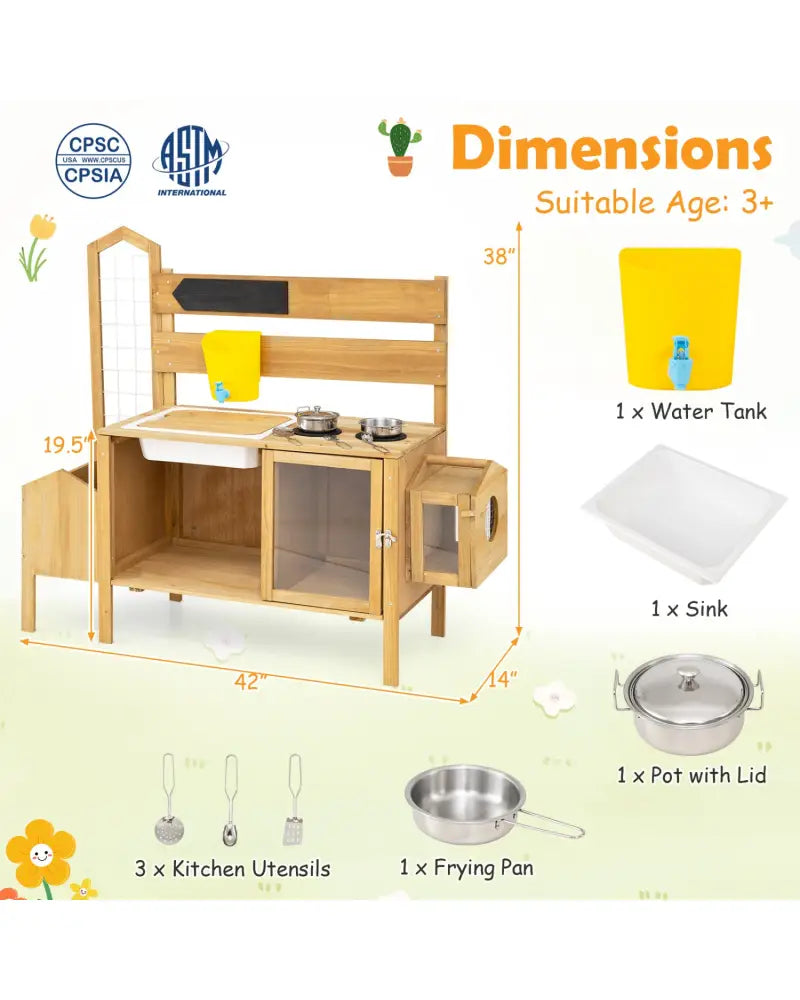 Mud Kitchen for Kids with Detachable Bird Cage and Stoves-Natural - Natural - Play Kitchen Sets